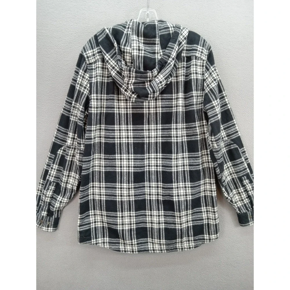 LL Bean Men's Hooded Plaid Flannel Shirt Jacket Black‎ White Size M Tall Fleece